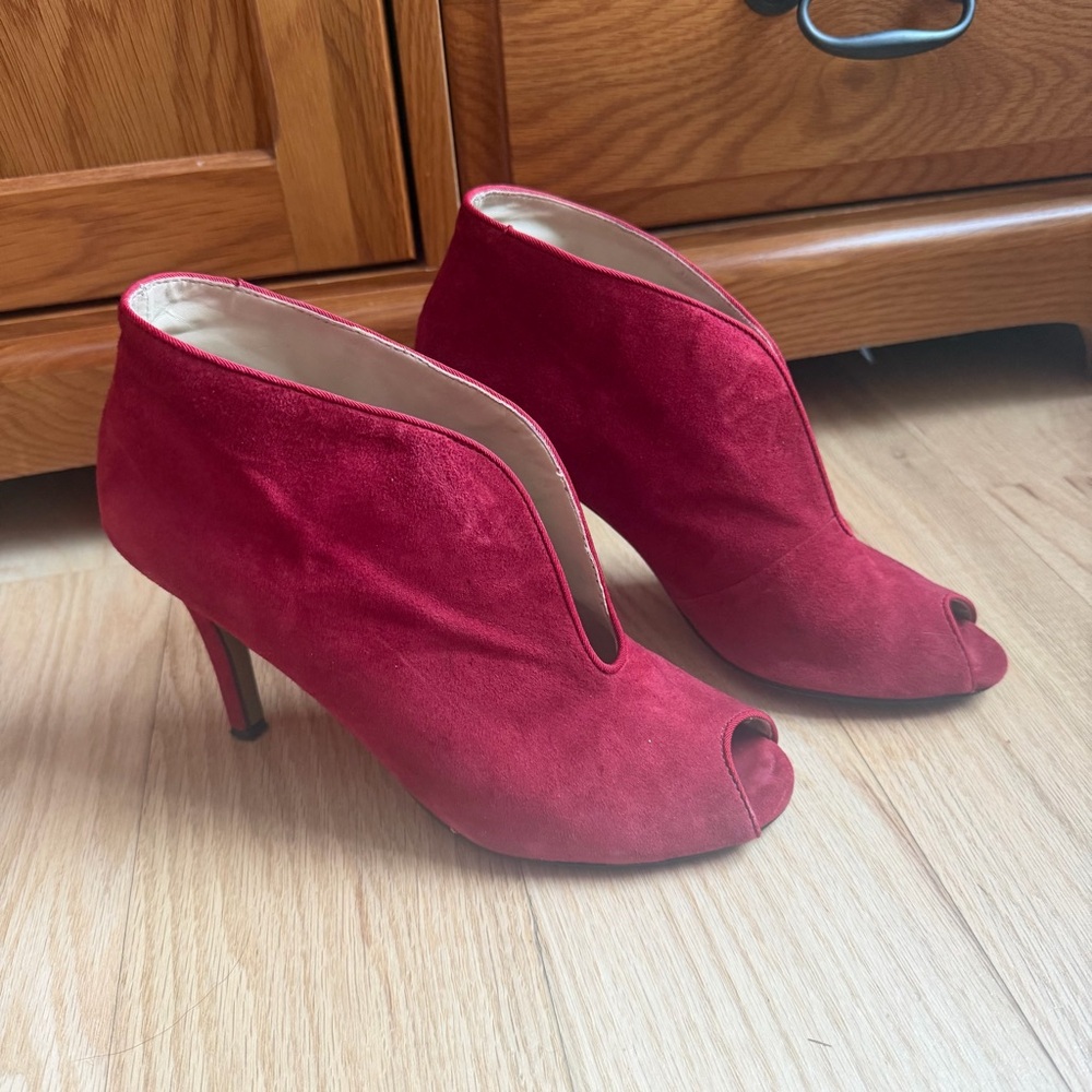 Adrienne Vittadini Red Suede Peep-Toe Booties